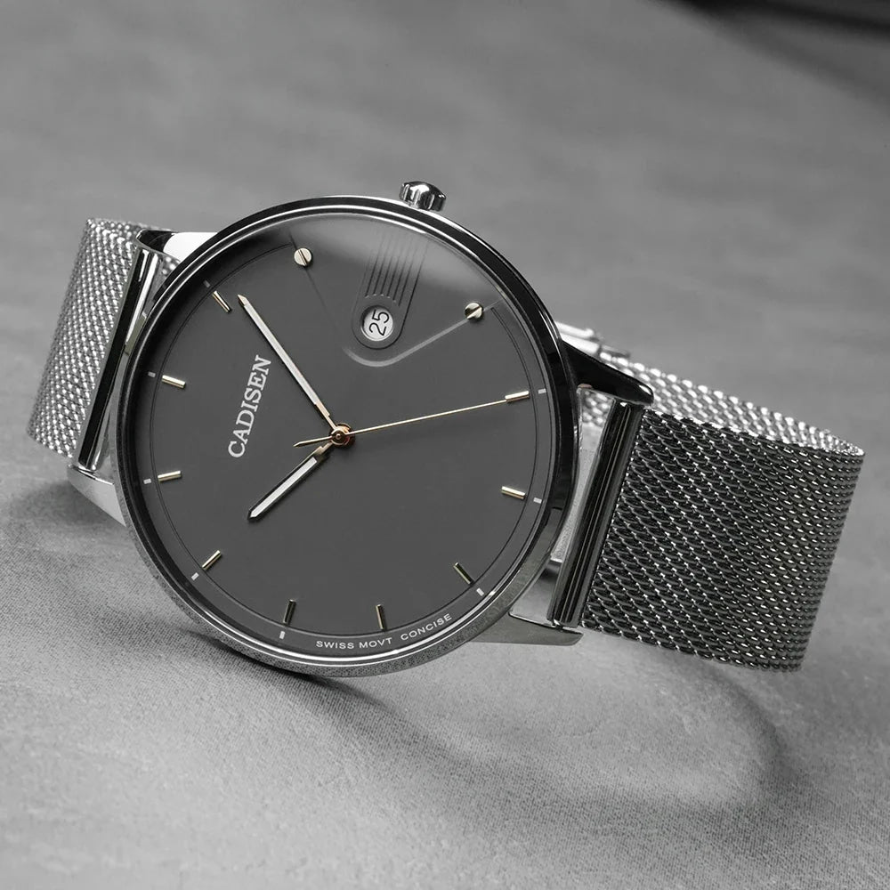 CADISEN Swiss Ronda 715 Quartz Watch Mans 7MM Ultra-thin Dial Sapphire Luminous Stainless Steel Milano Mesh Strap Watches Men