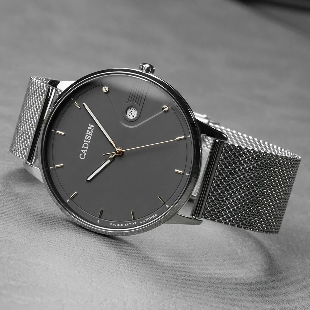 CADISEN Swiss Ronda 715 Quartz Watch Mans 7MM Ultra-thin Dial Sapphire Luminous Stainless Steel Milano Mesh Strap Watches Men