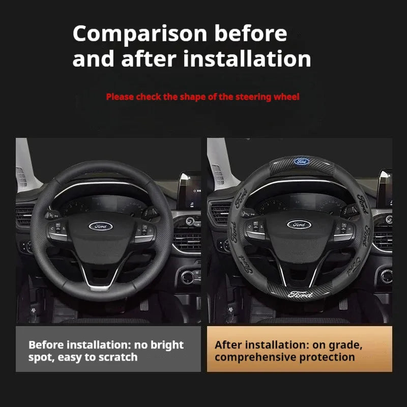 For Ford Mondeo Focus Raptor Puma Edge Explorer Ecosport Ranger F150 Kuga Car AntiSlip Carbon Fiber Leather Steering Wheel Cover