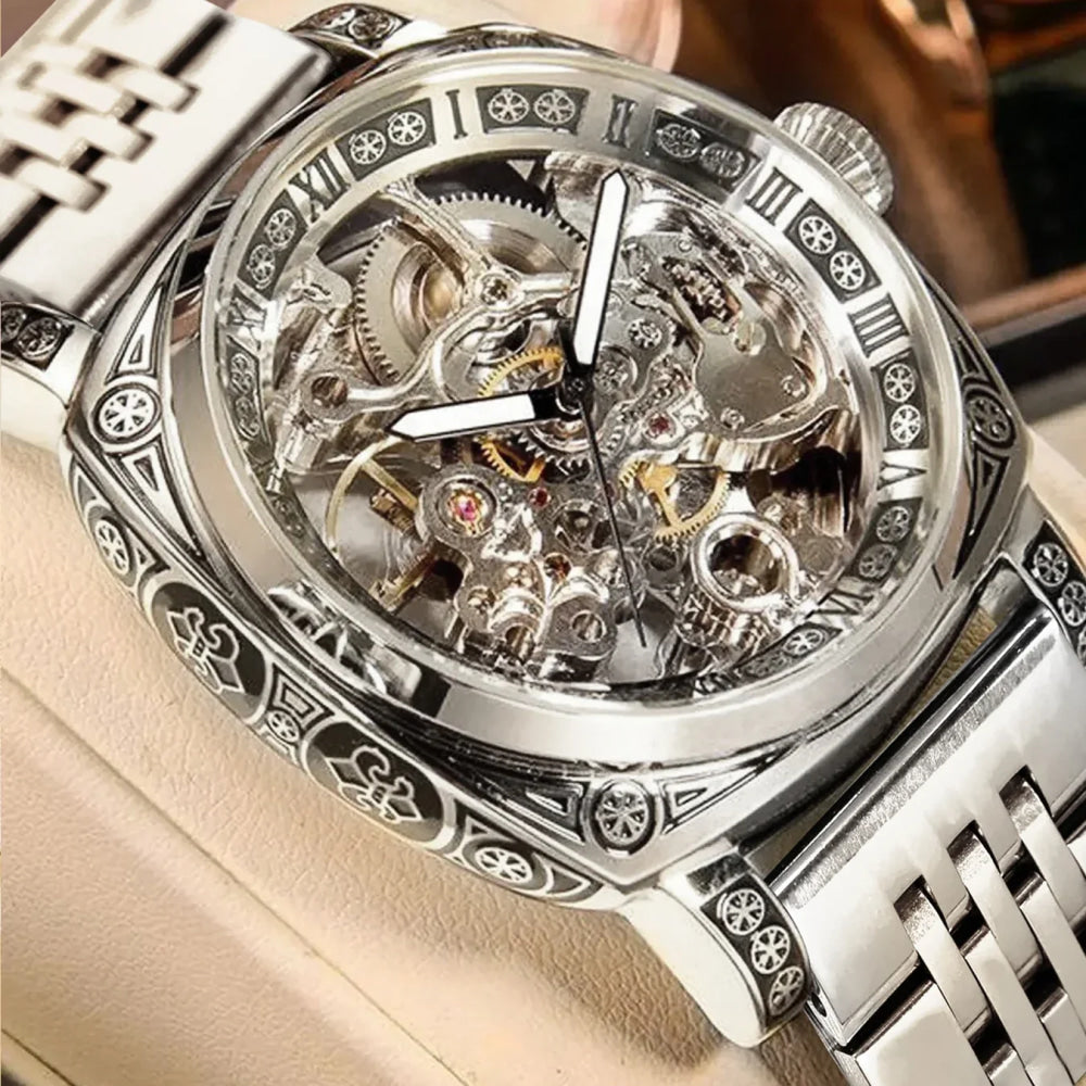 A MEN'S Black Zinc Alloy Business Style Luminous Carved Fully Automatic Tourbillon Hollow Mechanical Watch