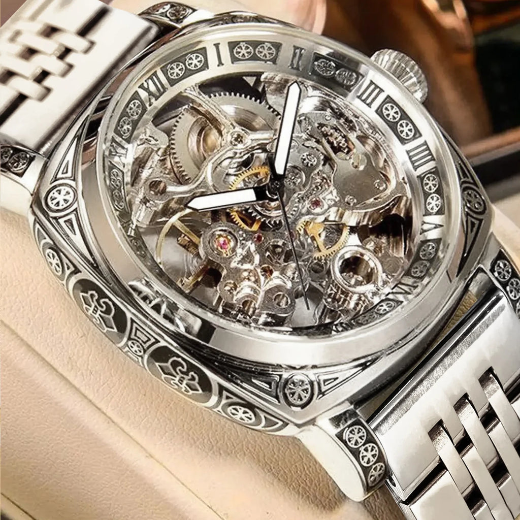 A MEN'S Black Zinc Alloy Business Style Luminous Carved Fully Automatic Tourbillon Hollow Mechanical Watch