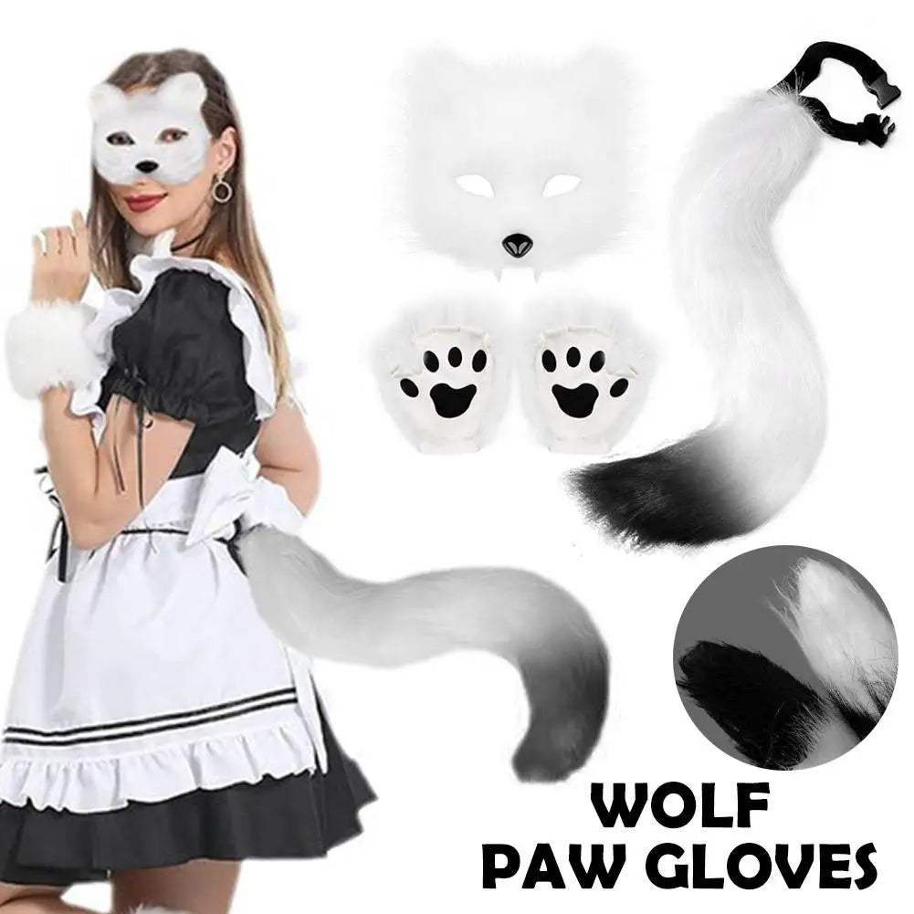 Guantes de máscara de cola de piel esponjosa, guantes de manos con patas de gato y máscara de lobo Therian, conjunto para disfraz de Halloween, accesorios para fiesta