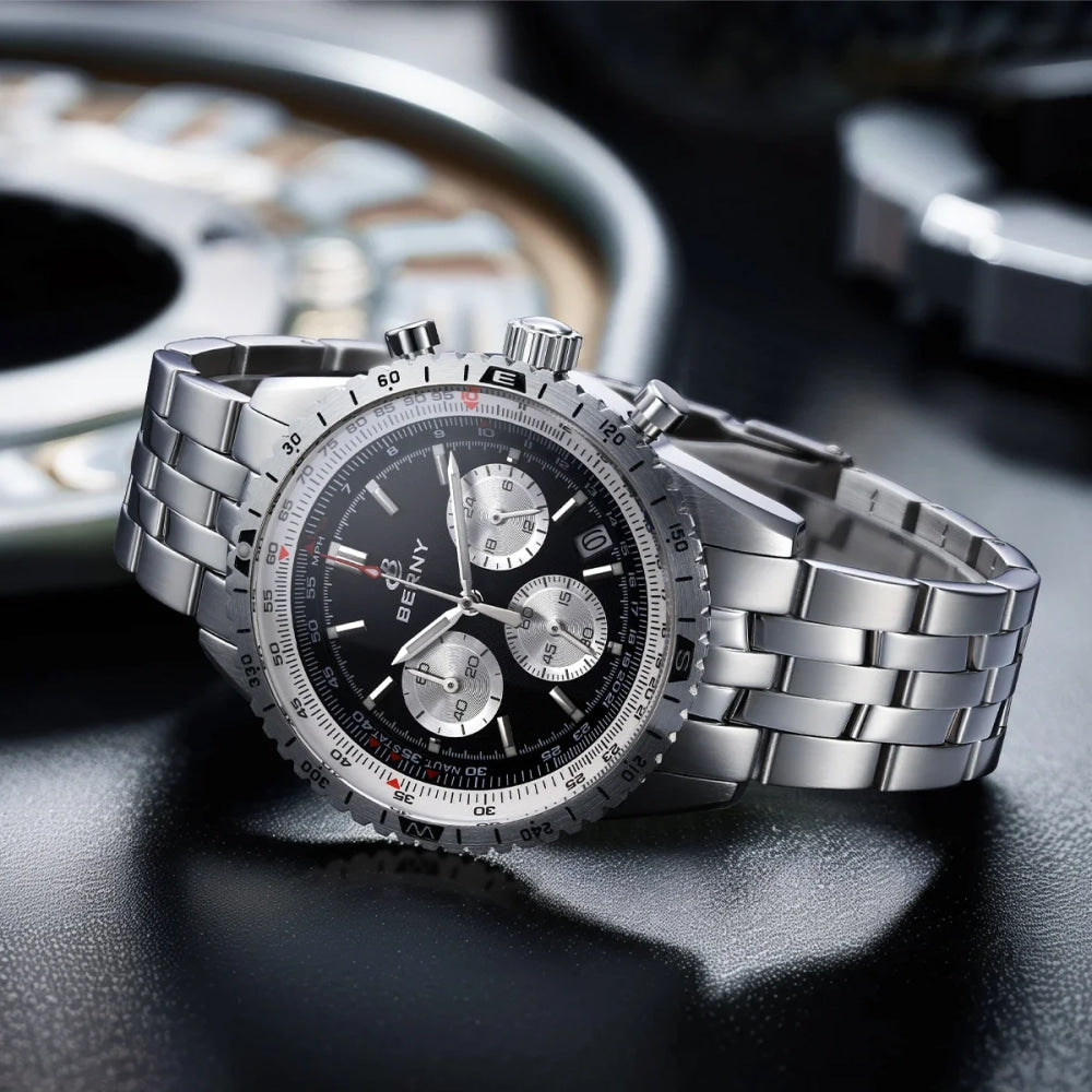 BERNY Chronograph Watches for Men Aviation Multifunction Quartz Men's Watch Date Sapphire Super Luminous Luxury Wristwatch