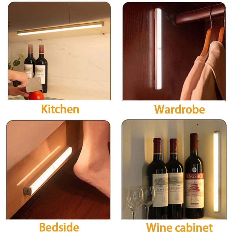Luz LED nocturna inalámbrica con Sensor de movimiento, luz recargable tipo C para armario, lámpara de armario, retroiluminación de escalera para cocina LED