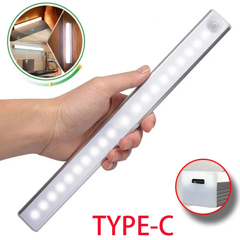Luz LED nocturna inalámbrica con Sensor de movimiento, luz recargable tipo C para armario, lámpara de armario, retroiluminación de escalera para cocina LED