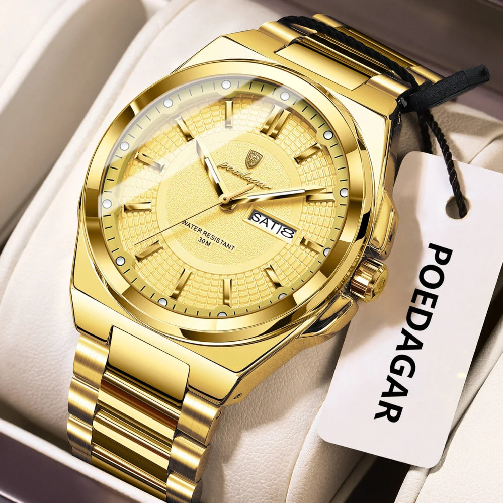 POEDAGAR Sport Original Men Clock Quartz Date Week Luxury Man Wristwatch Waterproof Luminous Stainless Steel Men's Watches Reloj