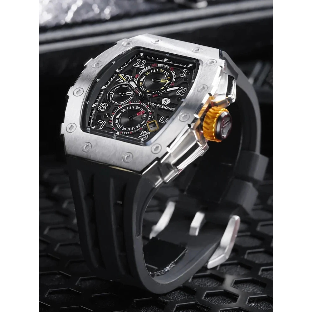 TSAR BOMBA Watch for Men Luxury Brand Tonneau Design Waterproof Clock Stainless Steel Wristwatch Fashion Rectangle Mens Watch