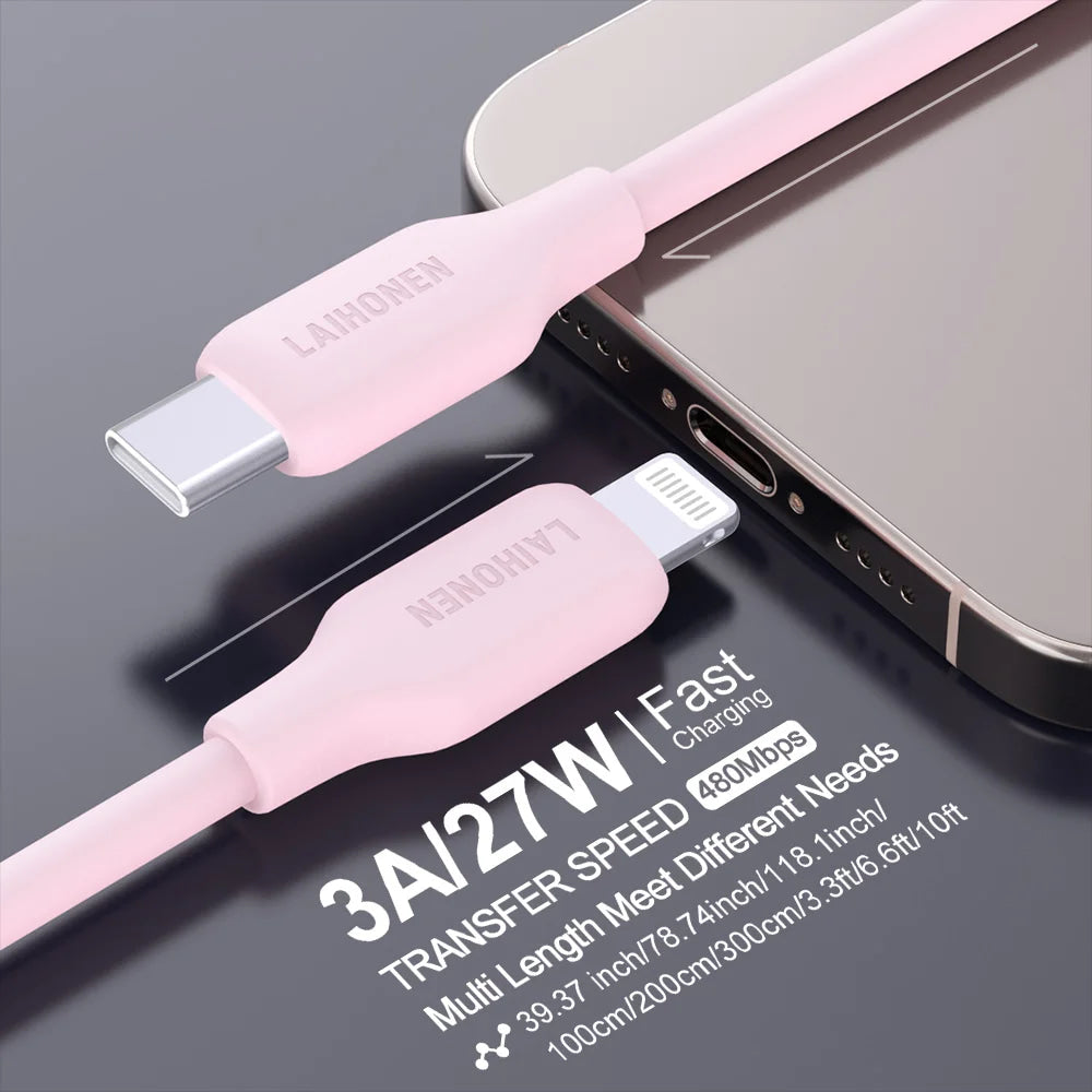 Macaron Pink 27W PD Fast Charging Cable USB C to Lightning Silicone Data Cable Soft Flexible for iPhone 14 13 12 11