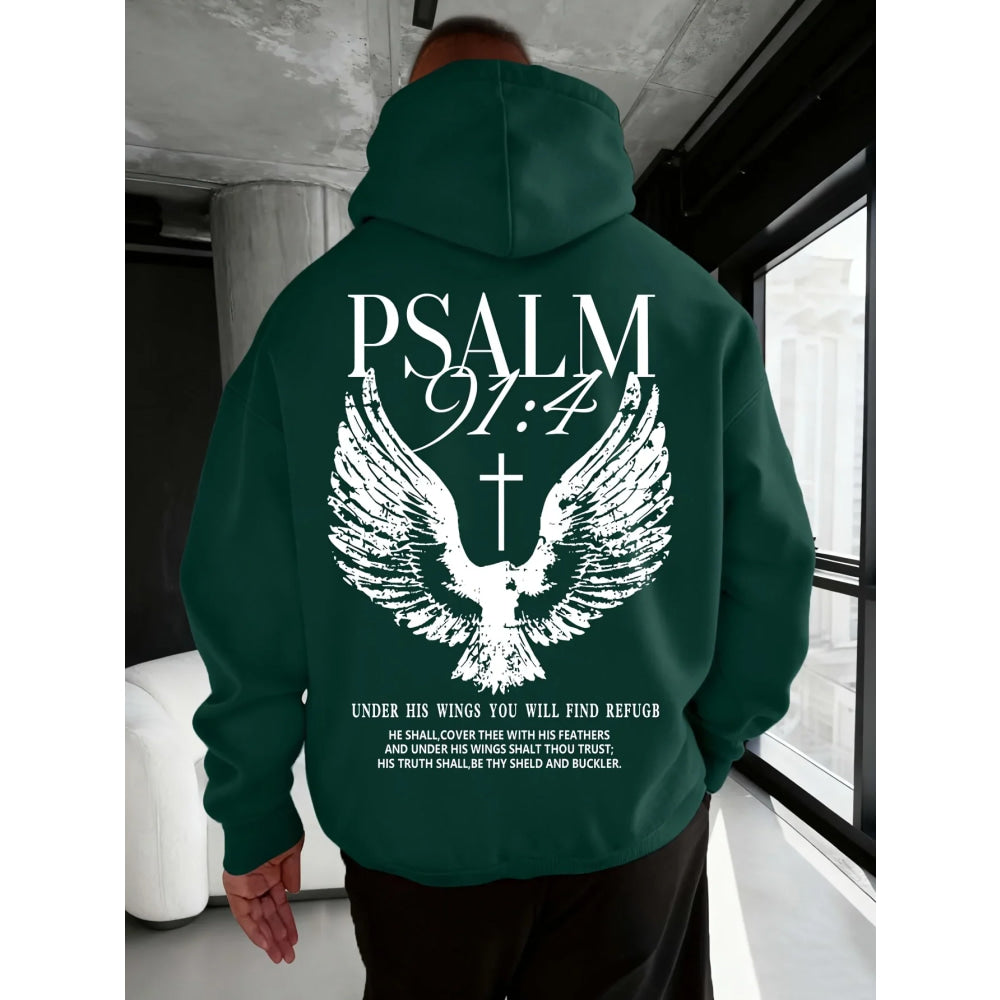 Christian Bible Verse Psalm 91:4 Print Men Women Hooded Sweatshirt Autumn Winter Outdoor Vacation Casual Loose Warm Sportswear