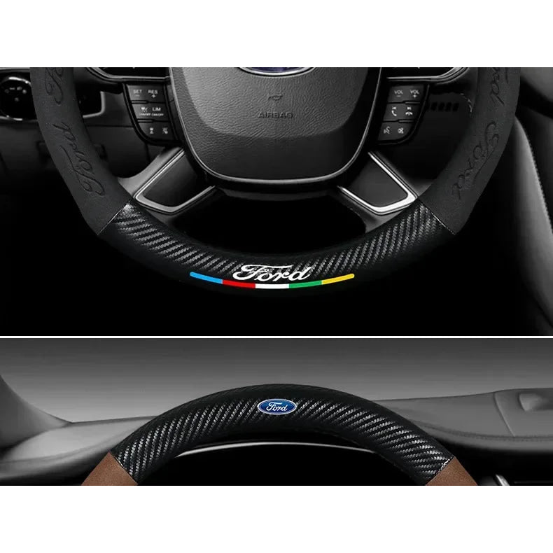 For Ford Mondeo Focus Raptor Puma Edge Explorer Ecosport Ranger F150 Kuga Car Suede Carbon fiber Anti-slip Steering Wheel Cover