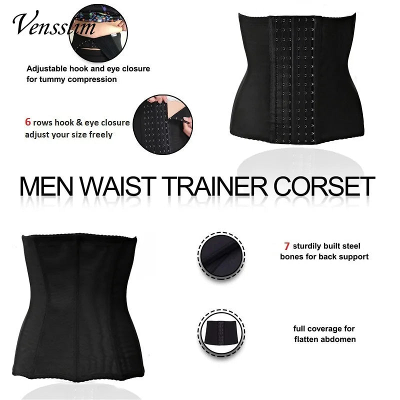 Vensslim Waist Trainer for Men Tummy Control Hooks Girdle Stomach Band 7 Steel Bones Back Support Strap Body Shaper Trimmer Belt