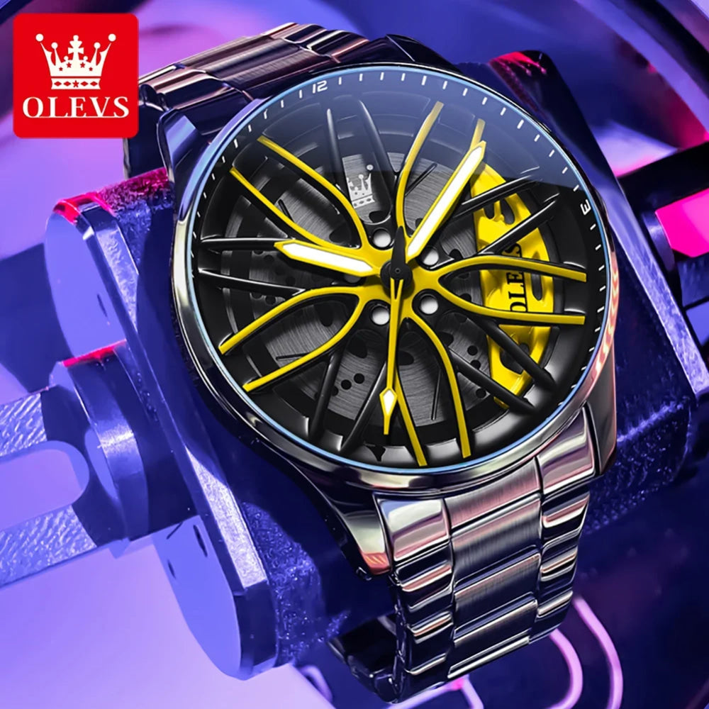 OLEVS Mens Watch Quartz Watch Original Rotatable Wheel Hub Dial Fashion Trend Waterproof Luminous Stainless Steel Reloj 9937