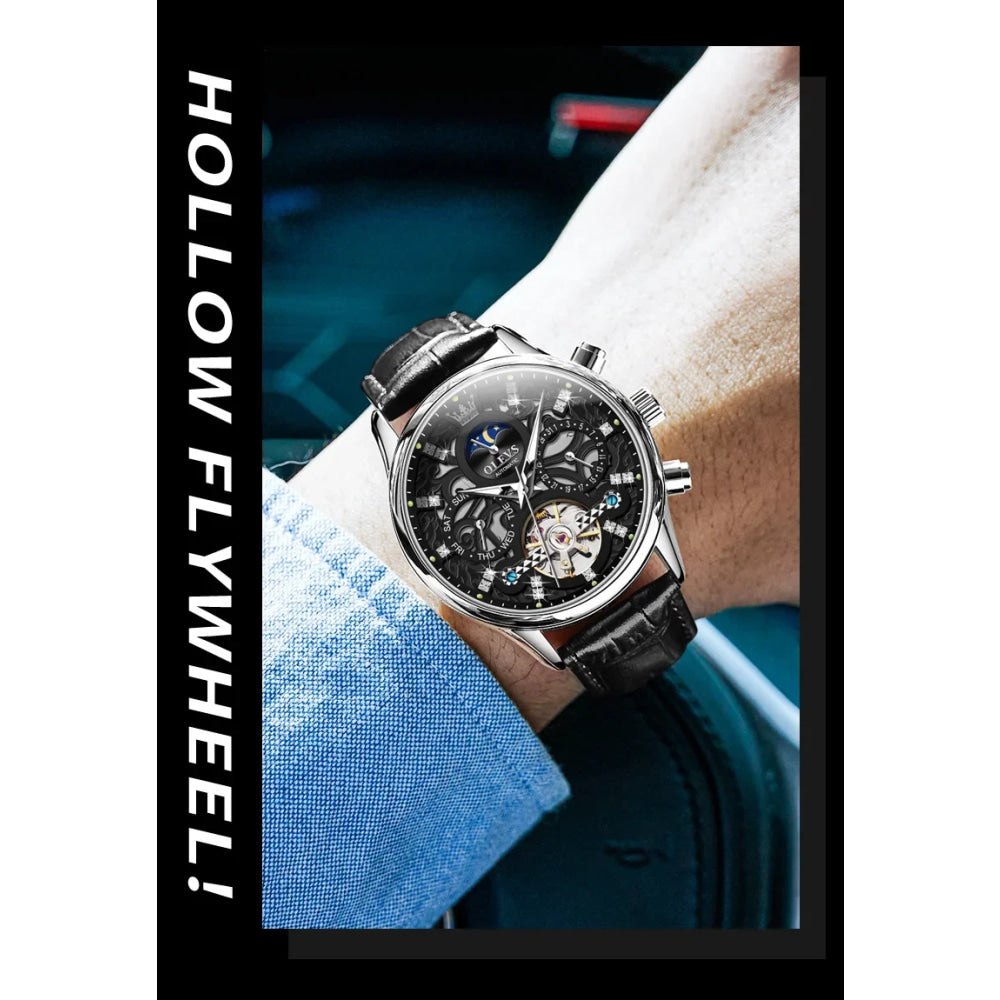 OLEVS 6658 Mens Watch Business Leather Strap Reloj  Hollow out Mechanical Automatic Wristwatch Waterproof Luminous Watch For Man