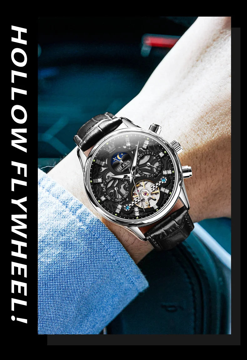 OLEVS 6658 Mens Watch Business Leather Strap Reloj  Hollow out Mechanical Automatic Wristwatch Waterproof Luminous Watch For Man