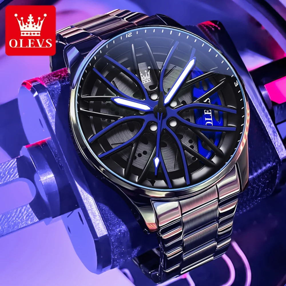 OLEVS Mens Watch Quartz Watch Original Rotatable Wheel Hub Dial Fashion Trend Waterproof Luminous Stainless Steel Reloj 9937
