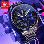 OLEVS Mens Watch Quartz Watch Original Rotatable Wheel Hub Dial Fashion Trend Waterproof Luminous Stainless Steel Reloj 9937