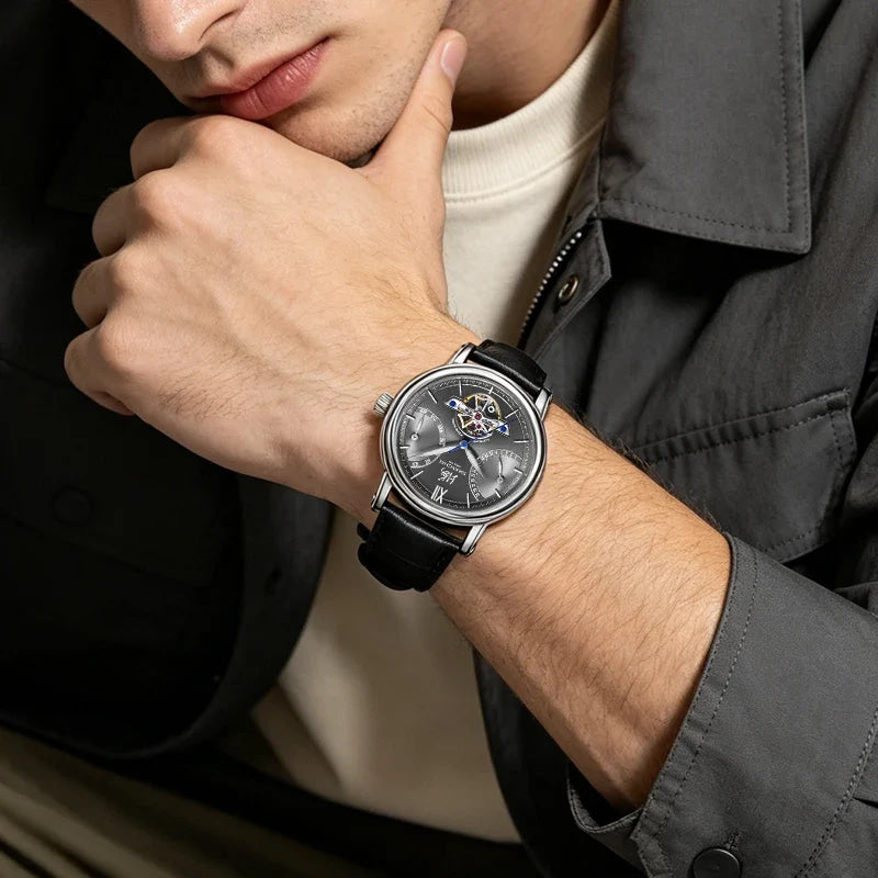 Shanghai Watch Skeletonized Flywheel Men's Mechanical Watch 42mm Automatic Watches Retrograde Calendar Sapphire Wristwatch S8924