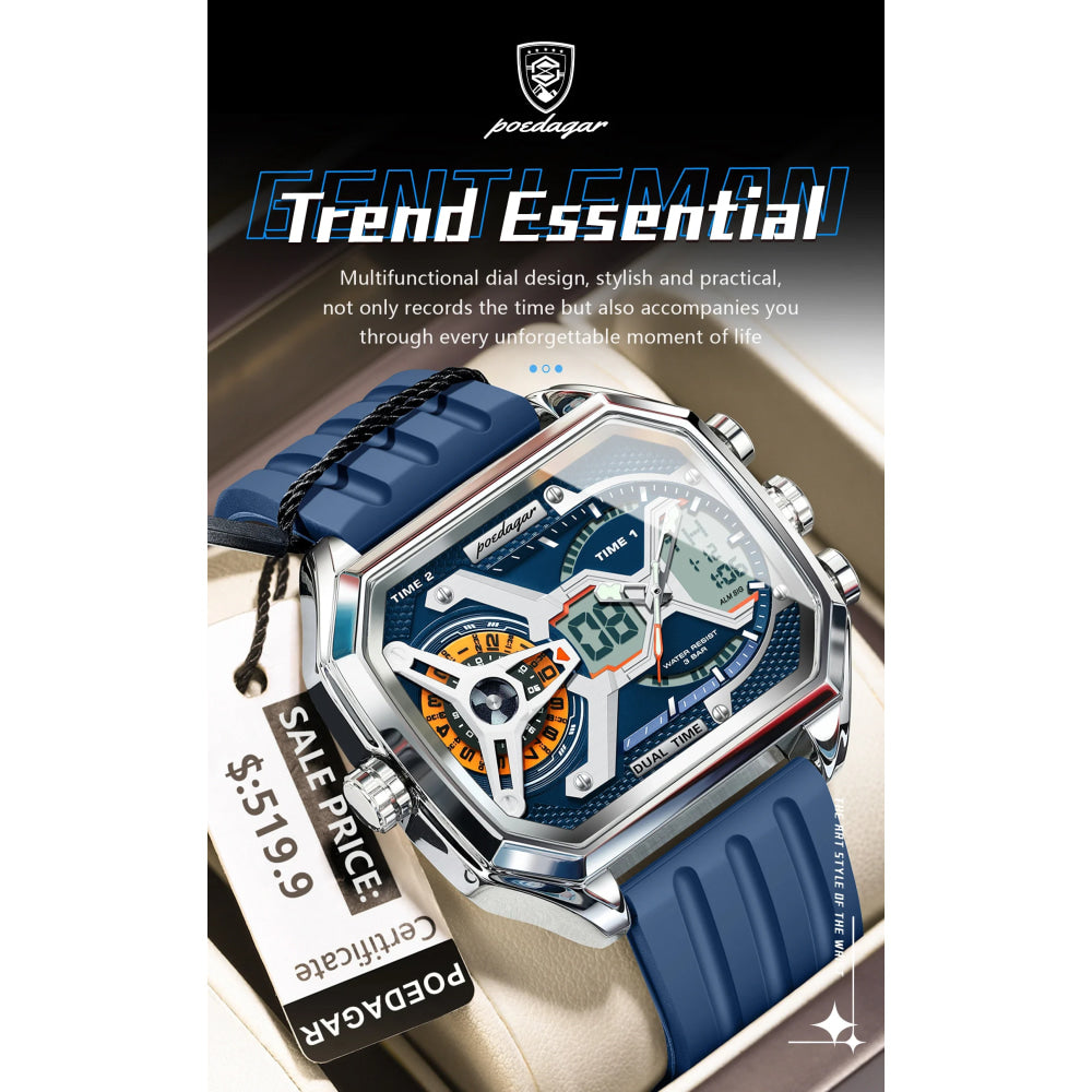POEDAGAR Top Luxury Men Clock LED Calendar Week Luminous Man Wristwatch Electronic Rectangle Silicone Strap Quartz Men's Watches