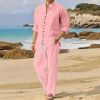 Men's Fashionable Cotton Linen Shirt Set, Stand Collar, Long Sleeves, Two-Piece Set, Spring/Autumn Style, 100% Natural Fiber