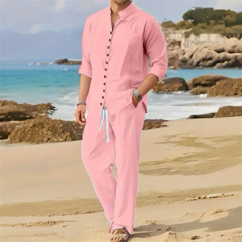 Men's Fashionable Cotton Linen Shirt Set, Stand Collar, Long Sleeves, Two-Piece Set, Spring/Autumn Style, 100% Natural Fiber