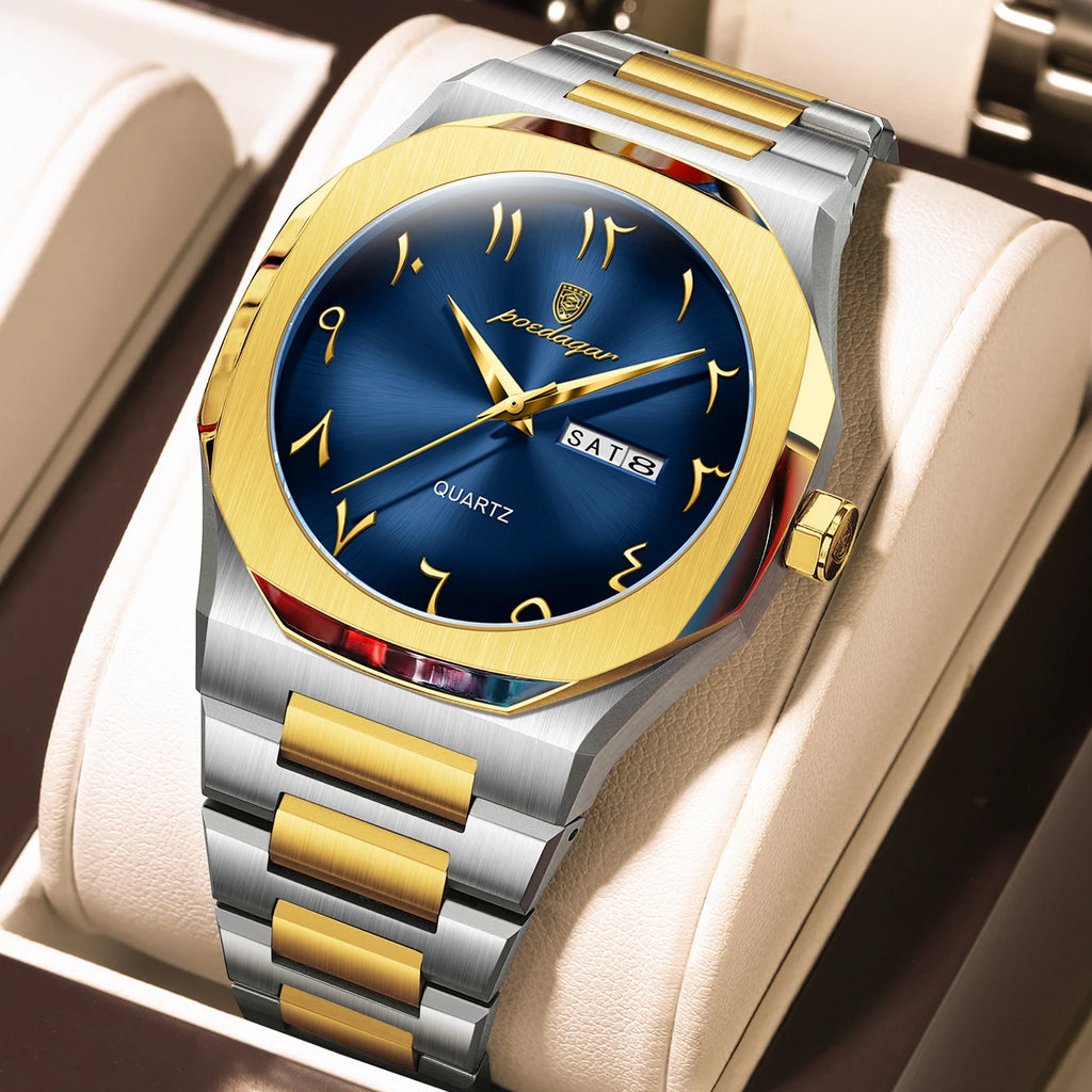 POEDAGAR Military Watch For Men Waterproof Luxury Week Calendar Man Wristwatch Quartz Stainless Steel Fashion Men's Watches Male