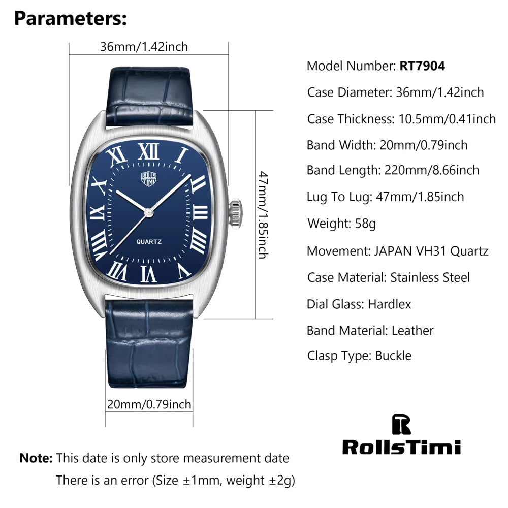 RollsTimi 2026 New Men's Watches Top Brand Luxury Oval Quartz Watch For Men Fashion Watch Man Waterproof VH31 Clock Gift Leathe