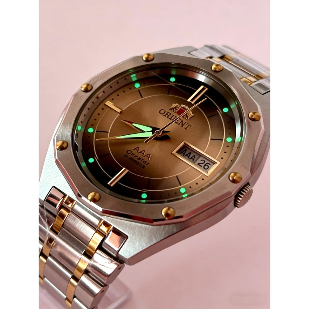 ORIENT Men's Two-Tone Stainless Steel Watch Green Dial Luminous Hands Day-Date Display AAA Crystal Analog Wristwatch