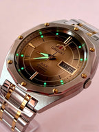 ORIENT Men's Two-Tone Stainless Steel Watch Green Dial Luminous Hands Day-Date Display AAA Crystal Analog Wristwatch