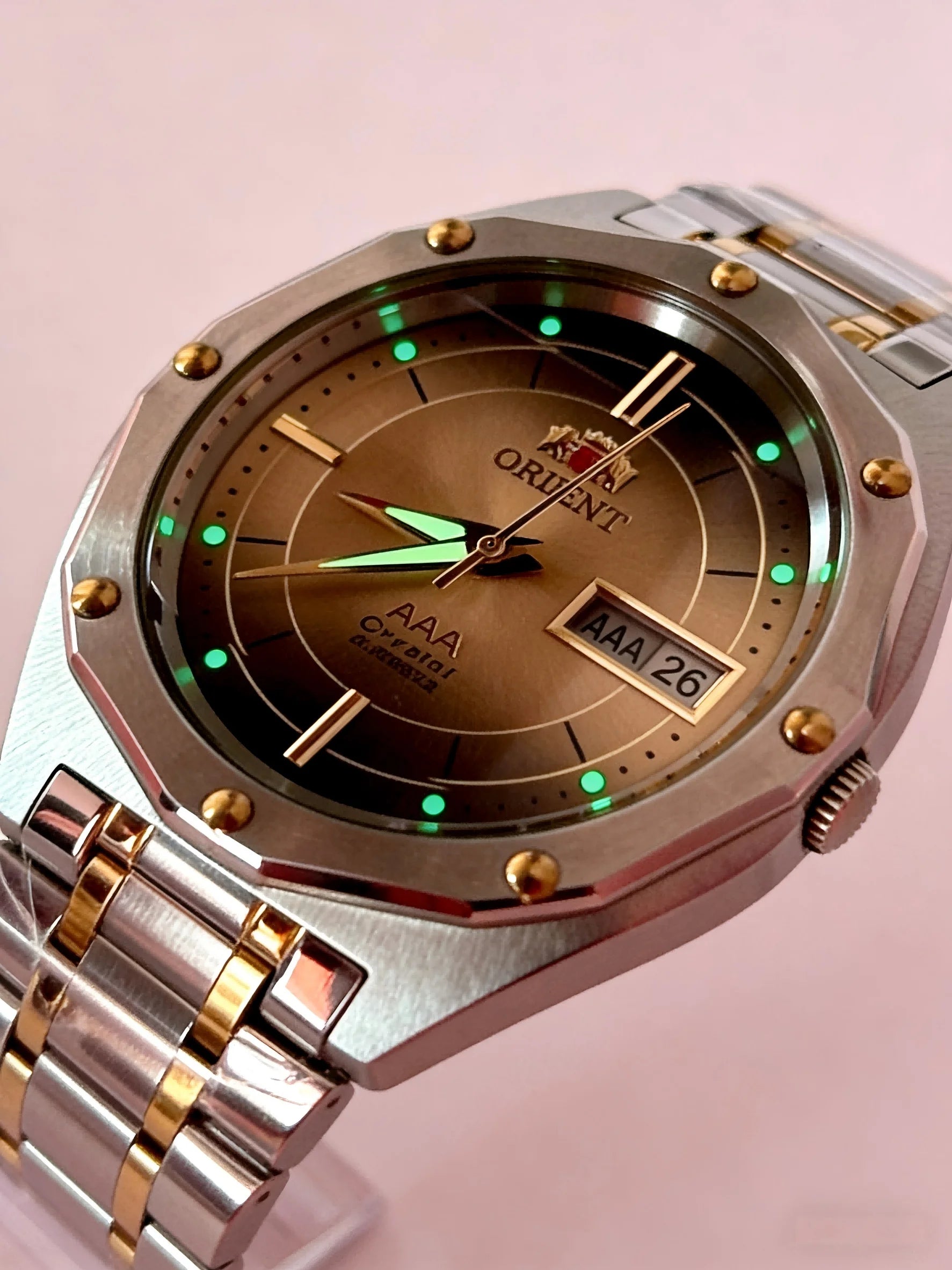 ORIENT Men's Two-Tone Stainless Steel Watch Green Dial Luminous Hands Day-Date Display AAA Crystal Analog Wristwatch