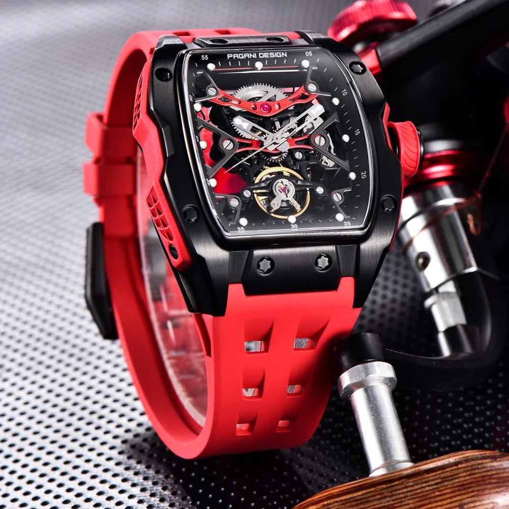 PAGANI DESIGN-reloj mecánico automático para hombre, barril de vino, tienda, estilo Venom, resistente al agua, lente de zafiro de goma, hueco