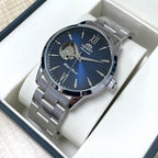 Orient Men's Automatic Open Heart Watch Blue Dial Stainless Steel Band Casual Dress Wristwatch 30M Water Resistant Fashion Watch