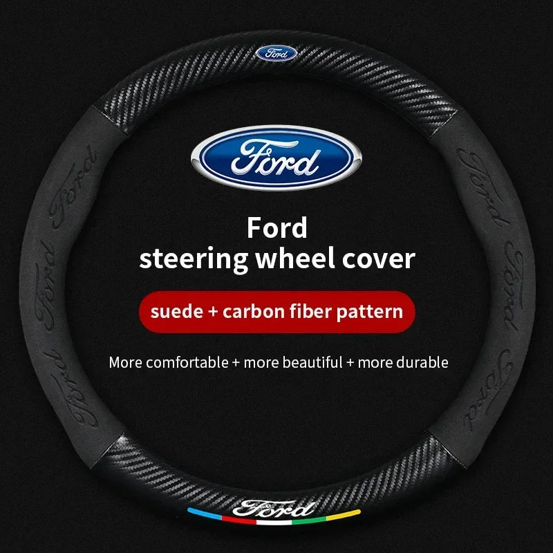 For Ford Mondeo Focus Raptor Puma Edge Explorer Ecosport Ranger F150 Kuga Car Suede Carbon fiber Anti-slip Steering Wheel Cover