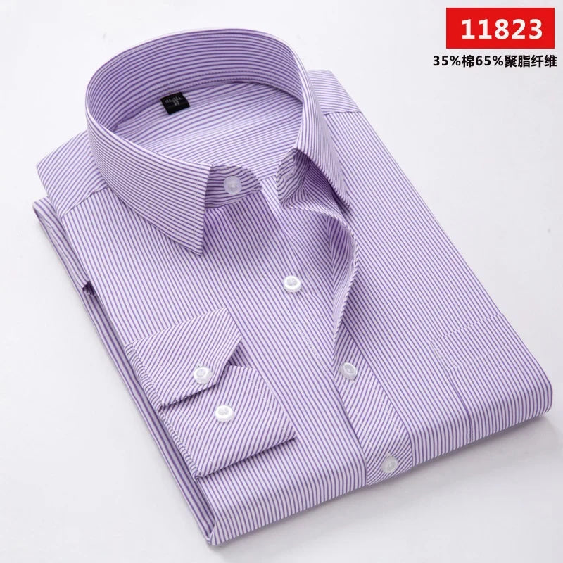 Men's long-sleeved shirt loose version flat hem striped business formal middle-aged and elderly straight shirt