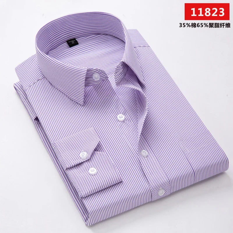 Men's long-sleeved shirt loose version flat hem striped business formal middle-aged and elderly straight shirt