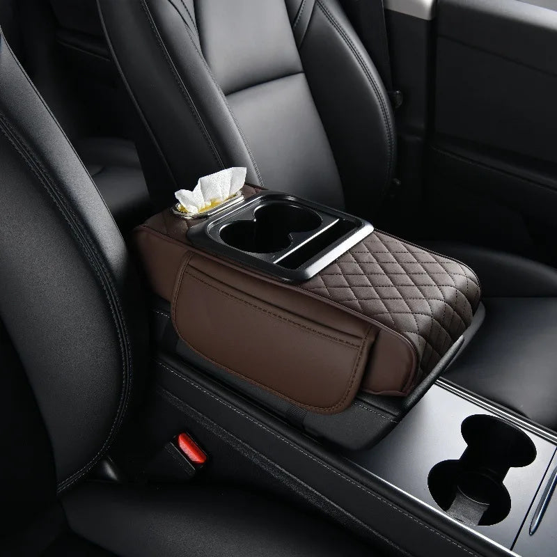 Reposabrazos para Coche 5 en 1: Caja para Pañuelos, Portavasos, Bolsa de Almacenamiento Multifuncional, Almohadilla Elevadora y Cojín con Bolsillo