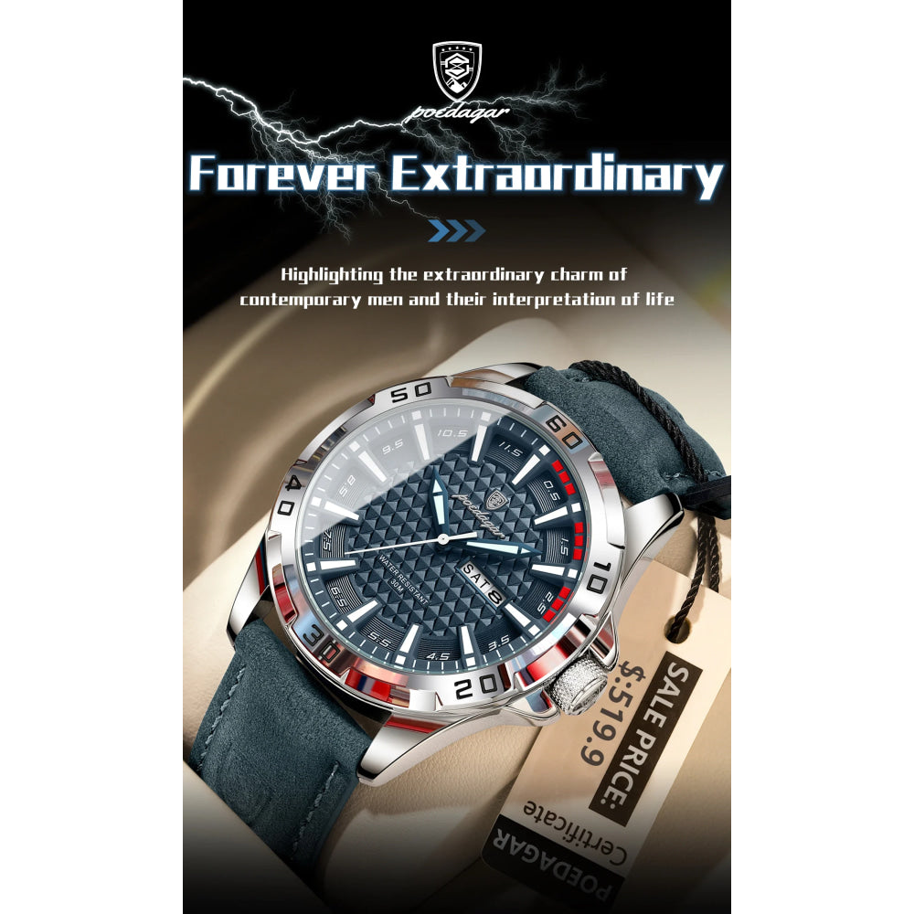 POEDAGAR Original Man Wristwatch Top Luxury Waterproof Luminous Date Week Watch For Men Quartz Sport Leather Men's Watches Reloj