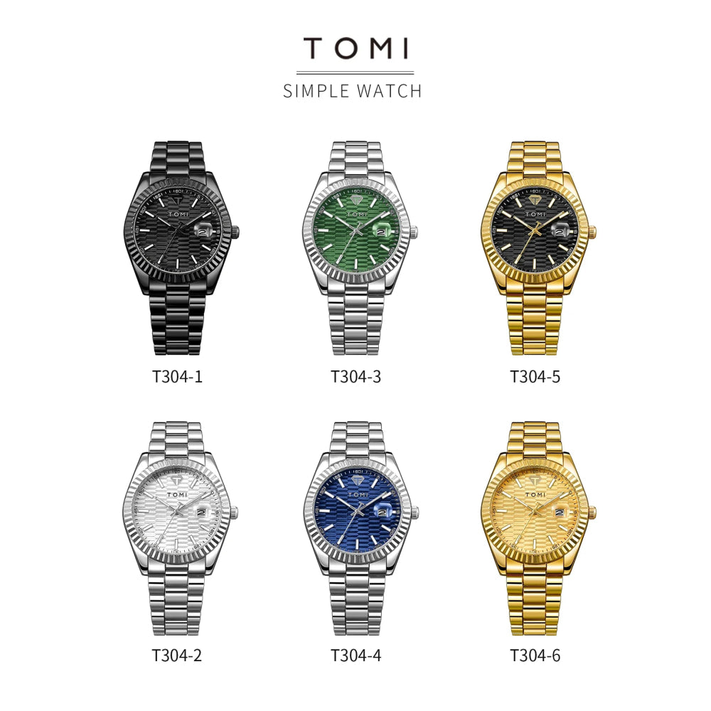 TOMI New Men's Watch Brooch Ring Gift Box Set Luxury Business Stainless Steel Strap Men's Calendar Casual Quartz Watch Reloj