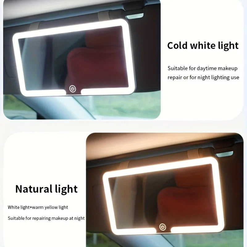 Espejos interiores de coche, placa de visera solar, espejo de maquillaje LED HD para niñas y mujeres, luz de relleno recargable, espejo de tocador fino Universal