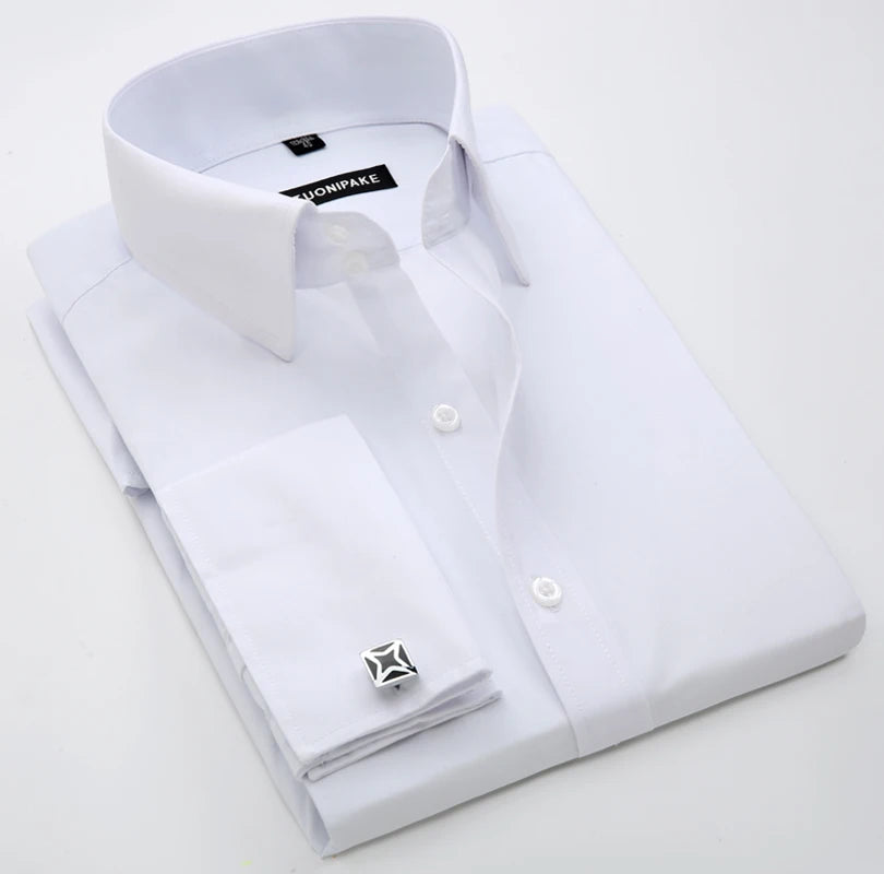 Men's French cufflink shirt with slim fit and contrasting color collar, Windsor collar, striped formal long sleeved shir