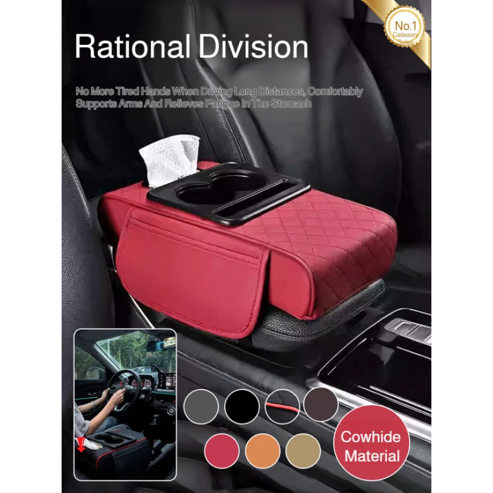 Reposabrazos para Coche 5 en 1: Caja para Pañuelos, Portavasos, Bolsa de Almacenamiento Multifuncional, Almohadilla Elevadora y Cojín con Bolsillo