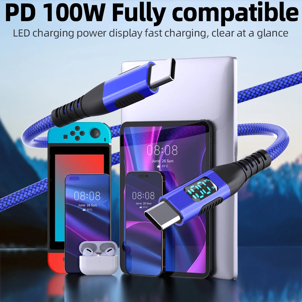 100W Nylon USB Type C Super Fast Charging Cable For Samsung Xiaomi Huawei Honor LED Digital Display USB C Charger Data Cord
