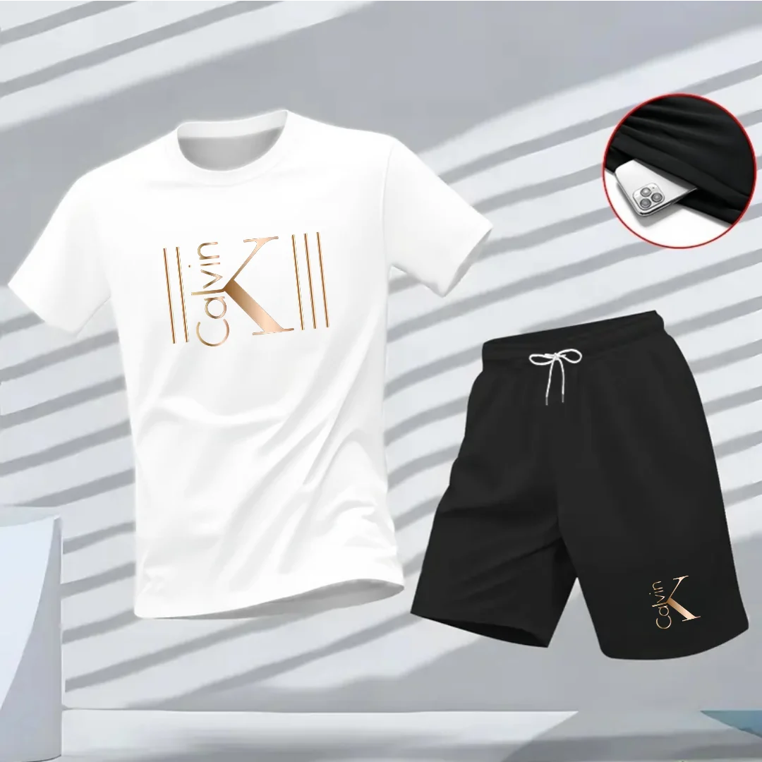 "2025 Men's Breathable sports pattern Printed T-shirt Casual Fashion short-sleeved T-shirt Summer streetwear top Two-piece set.