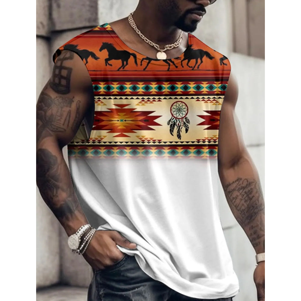 Summer New Men's Vest T Shirt Patterned Tribal Round Neck Clothing Daily Fitness Sports Vintage Sleeveless Printed Ethnic Tops