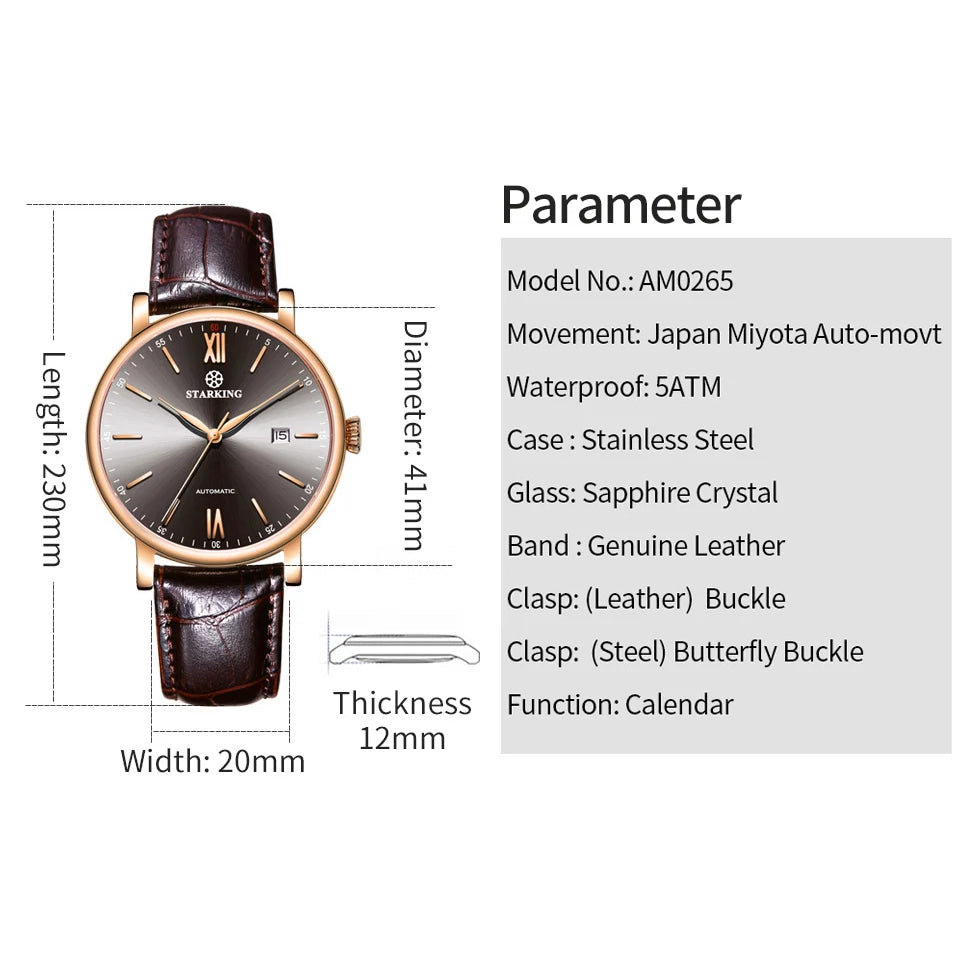 STARKING Sapphire 8215 Automatic Watch Fashion Sports Business Casual Wristwatch Waterproof Wear-resistant Watch Gifts for Men
