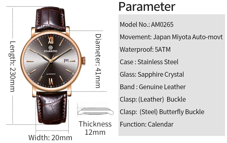 STARKING Sapphire 8215 Automatic Watch Fashion Sports Business Casual Wristwatch Waterproof Wear-resistant Watch Gifts for Men