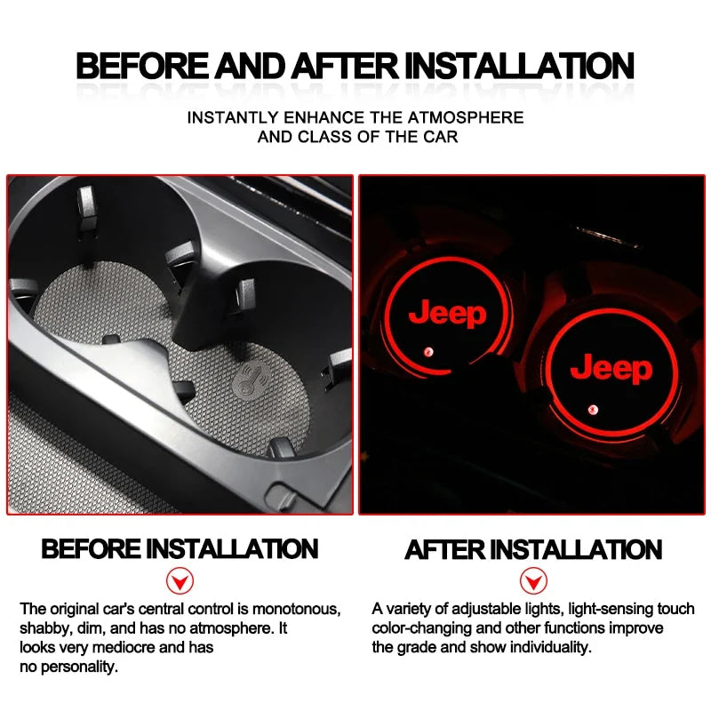 2Pcs LED Car Luminous Water Cup Pad Atmosphere Light Auto Accessories For Jeep Wrangler Renegade Compass Gladiator Cherokee Patr
