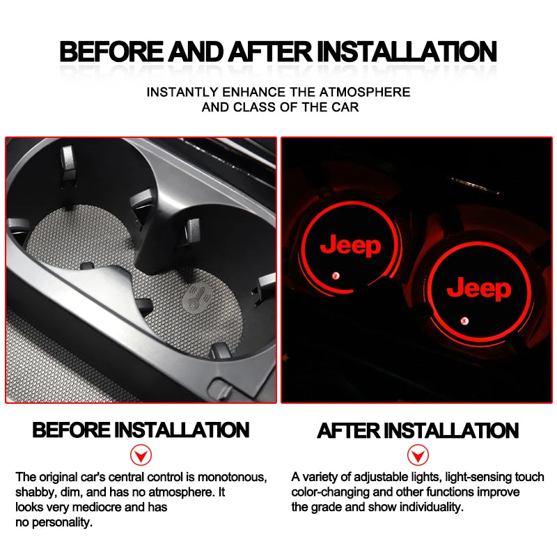 2Pcs LED Car Luminous Water Cup Pad Atmosphere Light Auto Accessories For Jeep Wrangler Renegade Compass Gladiator Cherokee Patr