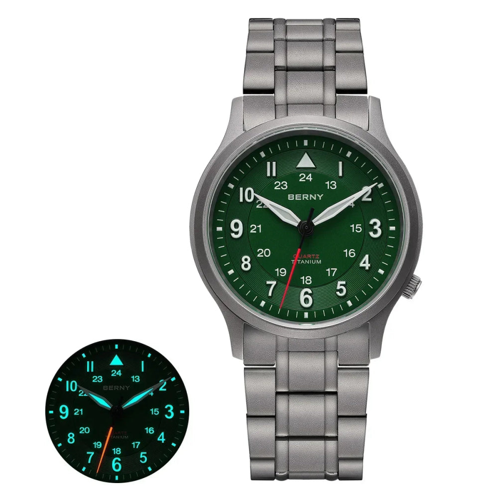 BERNY Titanium Watches for Men Classic Mens Field Watch Easy Read Outdoor Quartz Wristwatch Super Luminous Sapphire 5ATM