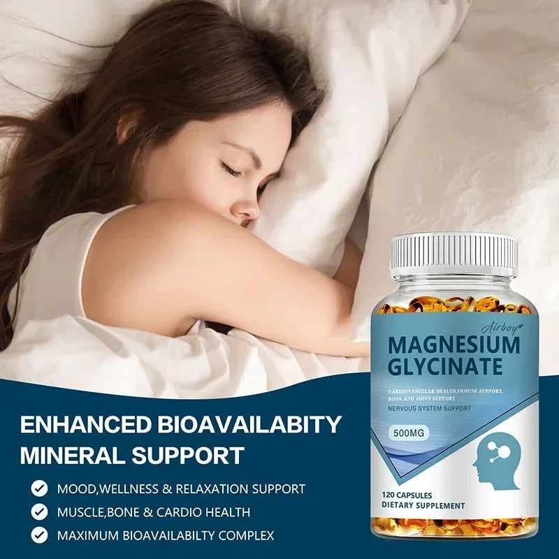 Magnesium Glycinate Capsules 500mg - Supports Bone and Heart Health, Aids Sleep, Relieves Stress, and Promotes Muscle Relaxation