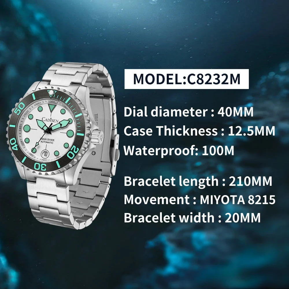 CADISEN AQUA DIVER New Brand Luxury Men Watches Automatic Watch Japan MIYOTA 8215 100M Waterproof Luminous Mechanical Wristwatch